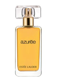 Genomskinlig glasparfymflaska med rektangulär form, gyllene vätska och en spraymunstycke med guldkant. Etiketten läser "azurēe" och "ESTÉE LAUDER."