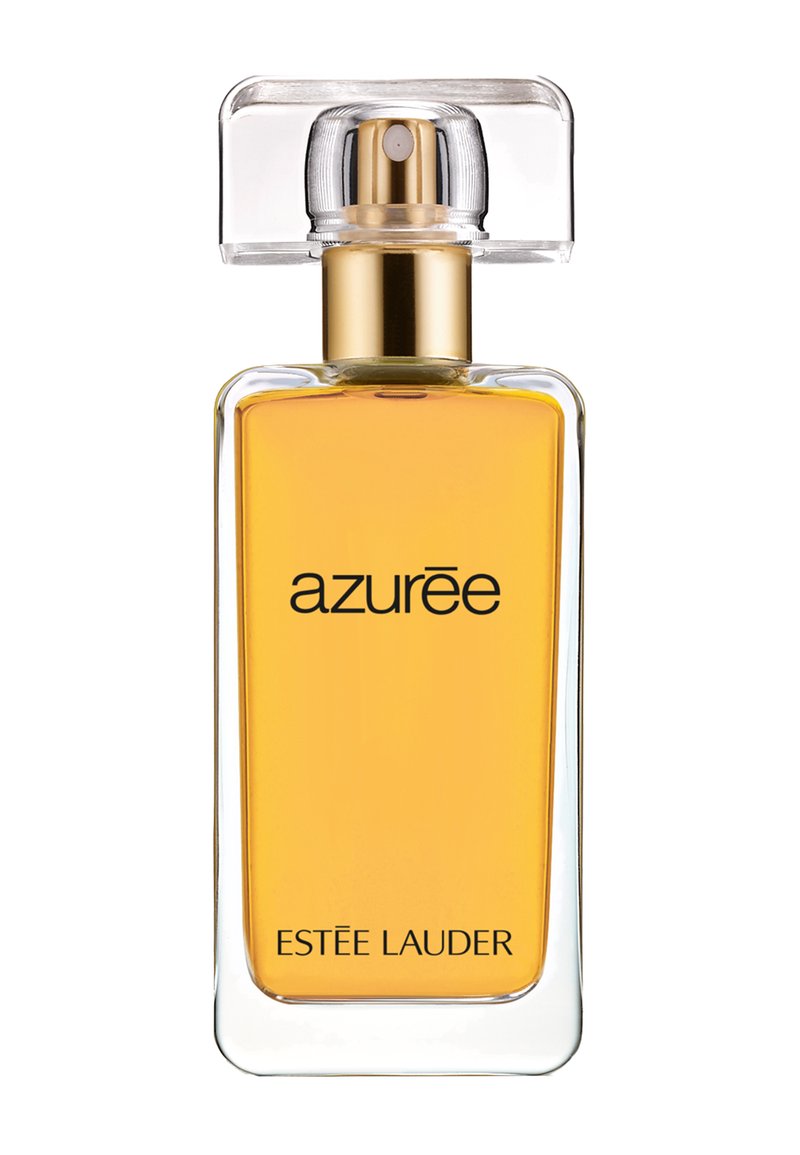 Genomskinlig glasparfymflaska med rektangulär form, gyllene vätska och en spraymunstycke med guldkant. Etiketten läser "azurēe" och "ESTÉE LAUDER."