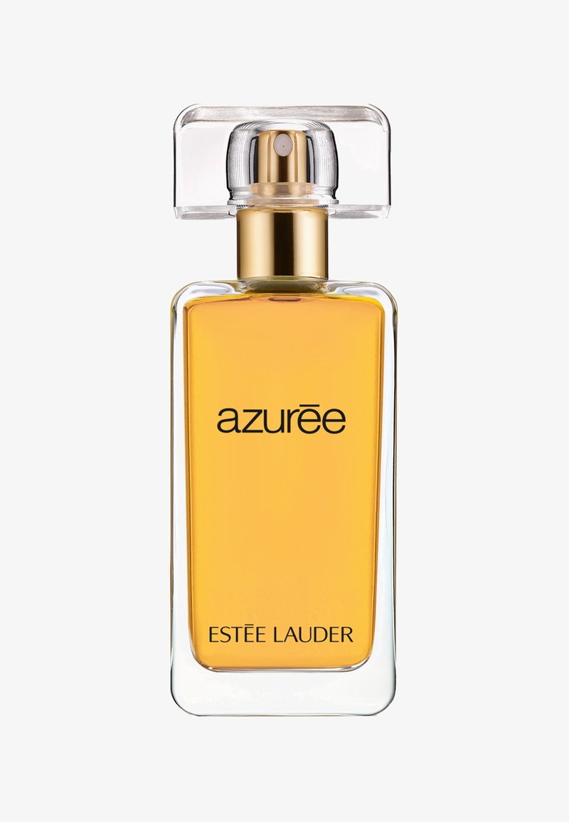 Gennemsigtig glasparfume flaske i rektangulær form, gylden væske og en spraydysse med guldaccenter. Etiket med teksten "azurēe" og "ESTÉE LAUDER."