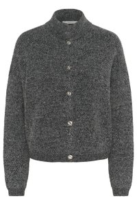 Grauer Strickcardigan mit hohem Kragen, Knopfverschluss und gerippten Manschetten. Verfügt über einen strukturierten Stoff mit einem subtilen Muster im gesamten Design.