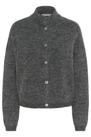 Harmaa neulecardigan, jossa on korkea kaulus, nappikiinnitys ja ribbireunukset. Sisältää tekstuuri-kankaan, jossa on hienovaraista kuviointia koko matkalla.