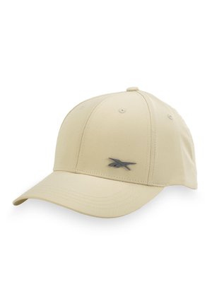 Casquette de baseball beige avec une visière courbée et un petit logo gris foncé à l'avant, présentée sur un fond blanc.