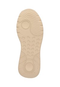 Beige Gummisohle mit strukturiertem Profil, kreisförmigen und rechteckigen Mustern für besseren Halt. Glatte Fläche nahe der Ferse mit Markendetails.