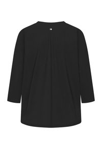 Schwarzes Langarmshirt mit rundem Halsausschnitt, von hinten angezeigt, mit einem kleinen reflektierenden Etikett unter dem Kragen.