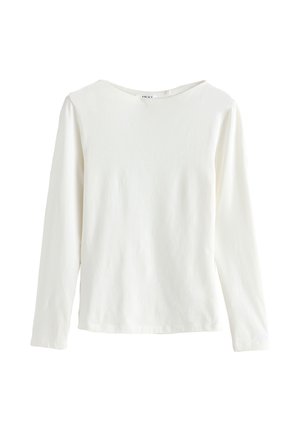 Witte langarmshirt met een ronde hals, gemaakt van zachte stof. Heeft een eenvoudig ontwerp zonder patronen of accenten.