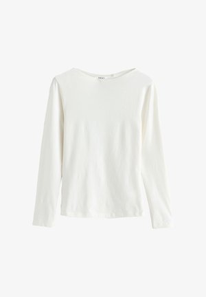 Camicia bianca a maniche lunghe con scollo rotondo, realizzata in tessuto morbido. Presenta un design semplice senza motivi o accenti.