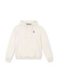 Crèmefärgad hoodie gjord av mjukt tyg. Har en framficka, dragsko och en liten logotyp-patch på bröstet.