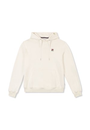 Crèmefärgad hoodie gjord av mjukt tyg. Har en framficka, dragsko och en liten logotyp-patch på bröstet.