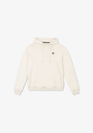 Cremefarvet hoodie lavet af blødt stof. Har en frontlomme, snoretræk og et lille logo-patch på brystet.