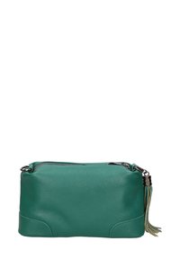 Borsa a tracolla in pelle verde con finitura testurizzata, forma rettangolare, chiusura con zip e un accento decorativo a frange.