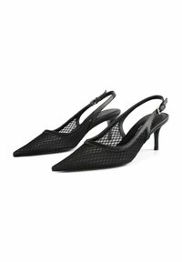 Pantofi cu toc slingback negri, cu vârful ascuțit, overlay din plasă și un toc subțire. Textură netedă cu un model geometric pe țesătură.