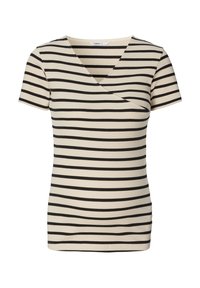 Stribet kortærmet top i beige med sorte vandrette striber, med v-halsudskæring og ribbet tekstur.