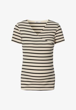 Stribet kortærmet top i beige med sorte vandrette striber, med v-halsudskæring og ribbet tekstur.