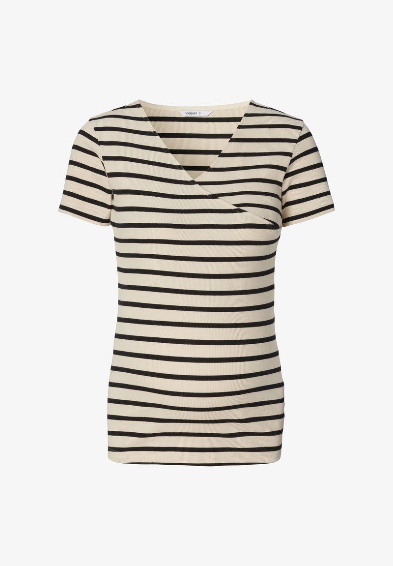 Stribet kortærmet top i beige med sorte vandrette striber, med v-halsudskæring og ribbet tekstur.