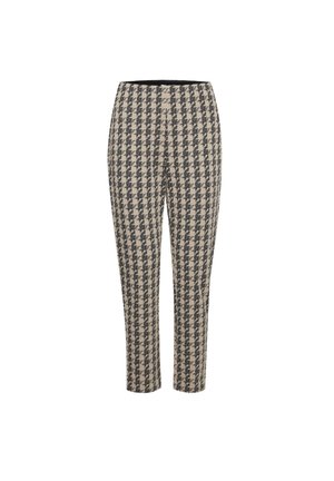 Kalhoty s houndstooth vzorem v béžové a černé barvě, s těsným střihem a hladkým černým pasem.