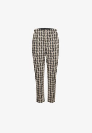 Pantalons avec un motif pied-de-poule en beige et noir, présentant une coupe ajustée et une ceinture noire lisse.
