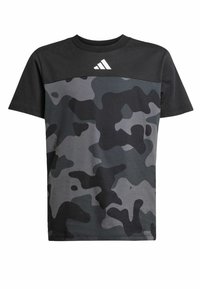 Black and gray camouflage T-shirt with a solid black upper section. Features a white Adidas logo on the chest. Made from soft cotton material.