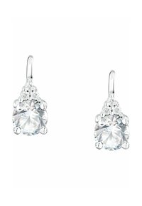 Orecchini pendenti con gemme rotonde e trasparenti montate su una struttura in argento, arricchiti da piccole pietre brillanti sopra la gemma principale.