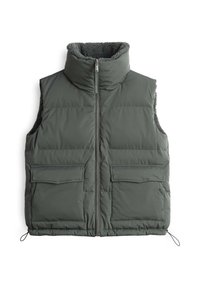 Veste matelassée sans manches vert foncé avec col haut, fermeture éclair devant, deux poches à rabat et une doublure intérieure en polaire douce.