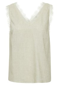 Top senza maniche in lino con scollatura a V, caratterizzato da un delicato pizzo lungo il collo e le spalle, di un colore ocra chiaro.