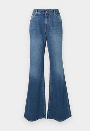 Blå vide jeans laget av klassisk denim, høy midje, subtil fading og vid ankelåpning, ingen synlige dekorasjoner.