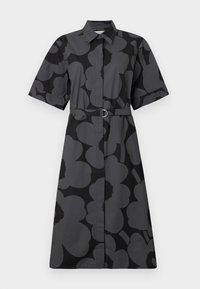 Black and gray floral patterned shirt dress with short sleeves, a collared neckline, and a belted waist. Smooth fabric with a relaxed fit.