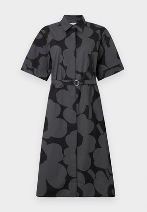 Black and gray floral patterned shirt dress with short sleeves, a collared neckline, and a belted waist. Smooth fabric with a relaxed fit.