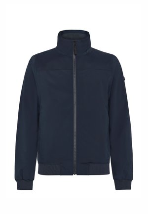 Marineblauwe jas met een hoge kraag, volledige ritssluiting aan de voorkant, elastische manchetten en tailleband. Gladde textuur, minimalistisch ontwerp, geen zichtbare patronen.