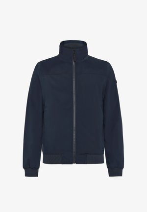 Veste bleu marine avec un col montant, une fermeture éclair intégrale à l'avant, des poignets et une ceinture élastiques. Texture lisse, design minimaliste, sans motifs visibles.