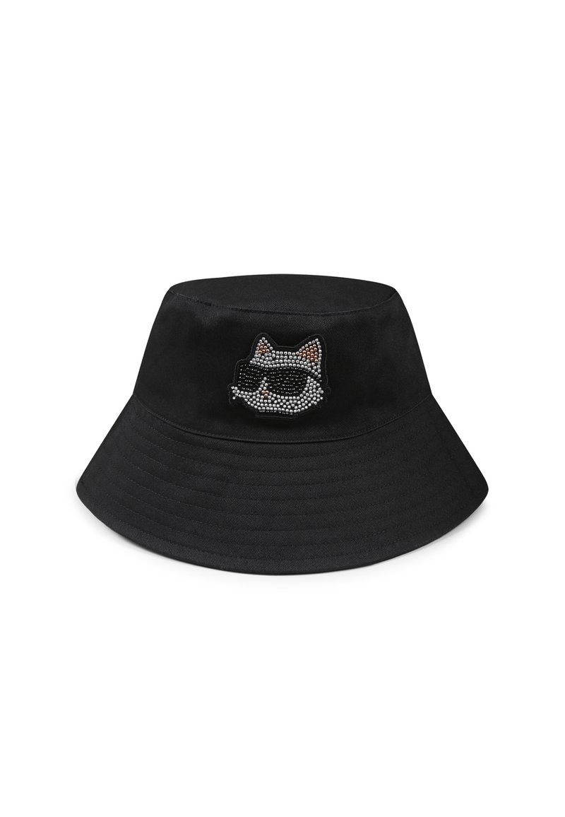 Cappello a secchiello nero in tessuto con un design di faccia di gatto decorato con strass sul davanti. Bordo largo e piatto. Superficie texturizzata.