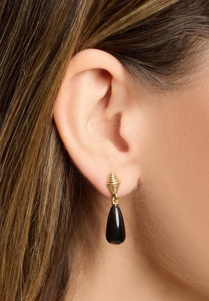 Ohrringe aus goldfarbenem Metall mit einem gerippten Oberdesign und einem darunter hängenden, schwarzen, tropfenförmigen Stein. Leichtgewichtig und mit minimalistischer Ästhetik.