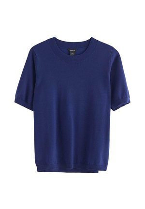 Laivastonsininen lyhythihainen neulepaita pyöreällä pääntielle ja resorireunuksilla hihoissa ja helmassa.