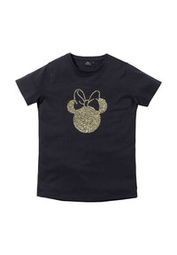 Camiseta de algodón negra con un silhouette de Mickey Mouse en purpurina dorada con un lazo en el centro. Mangas cortas y diseño clásico de cuello redondo.