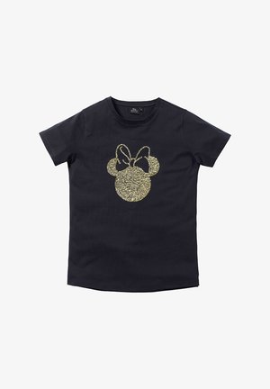Camiseta de algodón negra con un silhouette de Mickey Mouse en purpurina dorada con un lazo en el centro. Mangas cortas y diseño clásico de cuello redondo.