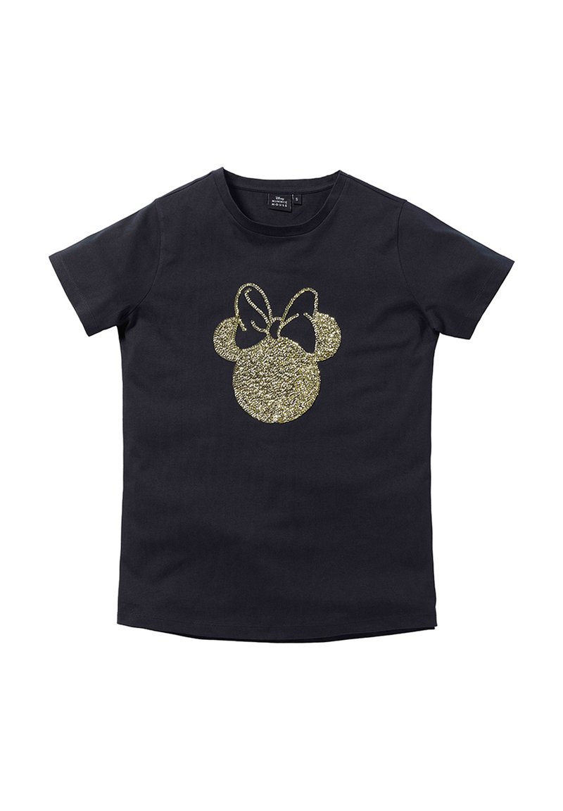 Camiseta de algodón negra con un silhouette de Mickey Mouse en purpurina dorada con un lazo en el centro. Mangas cortas y diseño clásico de cuello redondo.