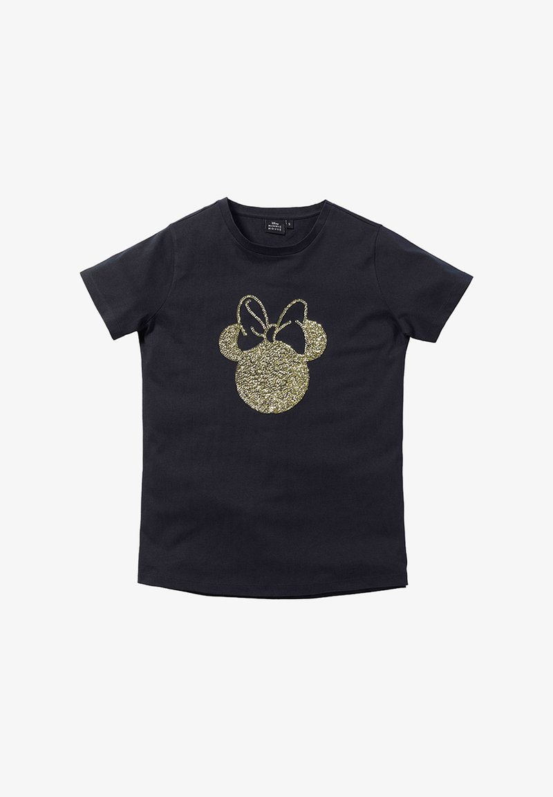Black cotton t-shirt featuring a gold glitter Mickey Mouse silhouette with a bow at the center. Short sleeves and a classic crew neck design.