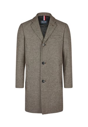 Brauner Knie-langer Mantel für Herren mit Fischgrätenmuster, drei schwarzen Knöpfen und einem Reverskragen.