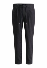 Donkere, gestreepte broek met een relaxte pasvorm, voorzien van een elastische tailleband, verstelbare trekkoord en manchetbenen. Zachte stoftextuur.