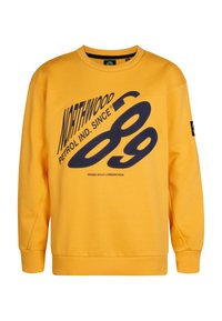 Sudadera amarilla con cuello redondo, que presenta un gran texto gráfico en azul marino "NORTHWOOD PETROL IND. SINCE 89" y puños acanalados.