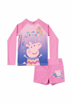 Children’s pink long-sleeve swim top and shorts with cartoon pig, seahorses, bubbles, and "Wonderful Friends" text on front.