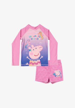 Top da nuoto a manica lunga rosa per bambini e pantaloncini con maialino dei cartoni animati, cavallucci marini, bolle e scritta "Wonderful Friends" sul davanti.