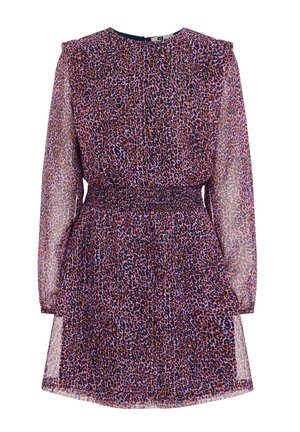 Robe courte à manches longues avec taille élastique, dotée de manches transparentes et d'un motif léopard multicolore en violet, rose et noir.