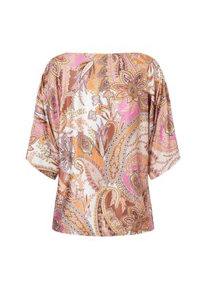 Blouse à épaules dénudées avec manches larges, présentant un motif cachemire vibrant en rose, orange, marron et blanc.