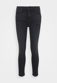 Pantalones vaqueros ajustados gris oscuro con una textura de denim suave. Presentan una cintura de altura media, cinco bolsillos y un cierre estándar de botón y cremallera.