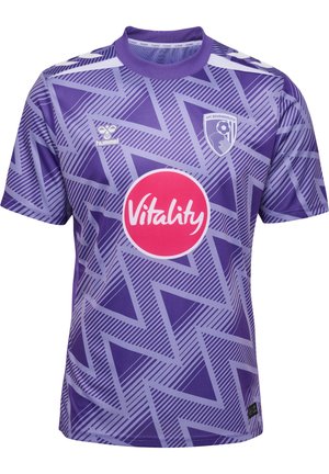 Lilla AFC Bournemouth fodboldtrøje med zigzagmønster, Vitality sponsorlogo i en rød cirkel og Hummel-logo på brystet.