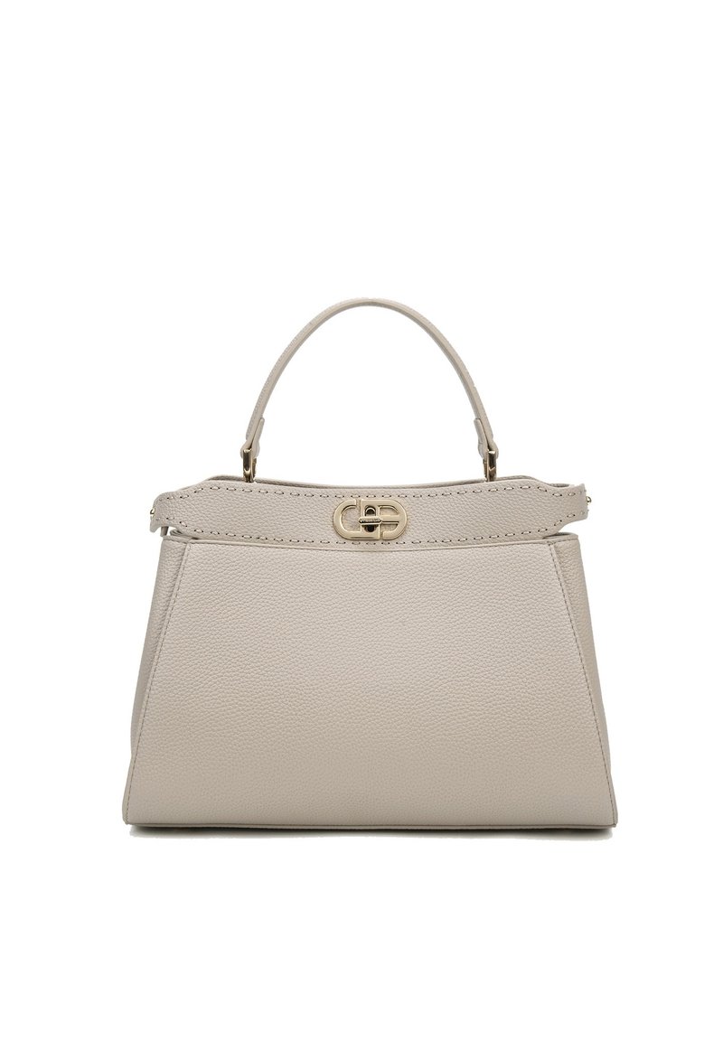 Borsa color beige chiaro con forma strutturata, in pelle testurizzata, con manico superiore e cuciture decorative. Presenta una chiusura con cappio in tono oro.