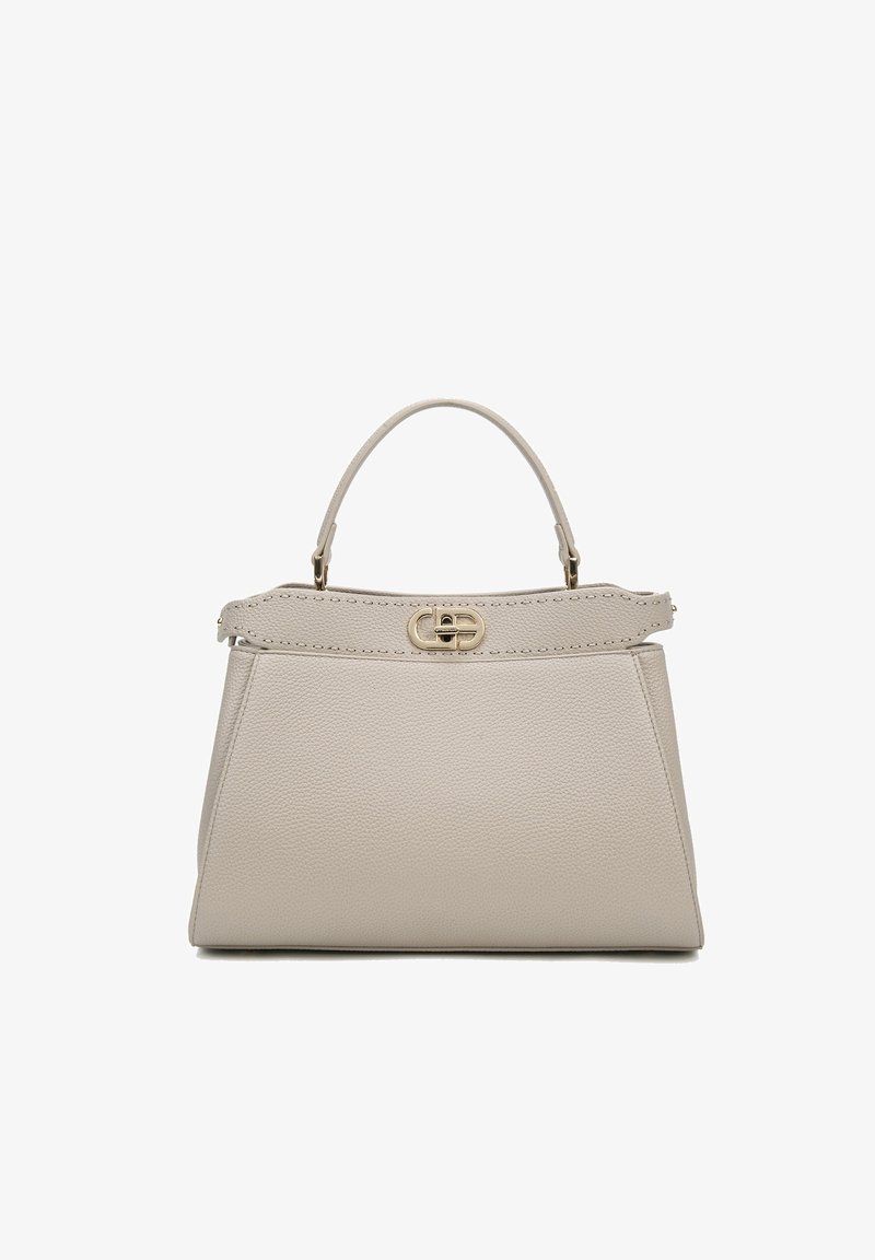 Borsa color beige chiaro con forma strutturata, in pelle testurizzata, con manico superiore e cuciture decorative. Presenta una chiusura con cappio in tono oro.
