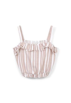 Top corto senza spalline di colore bianco con righe verticali marroni, dotato di un colletto arricciato e orlo elastico per una vestibilità aderente.