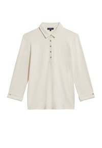 Pitkähihaisen polo-paidan väri on off-white, siinä on napitettava kaulus, pehmeä kangas, käännetyt hihat nappeineen sekä muotoiltu kaulus.