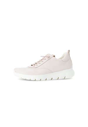 Light pink sneaker made of leather, featuring a round toe, flat laces, and a thick white rubber sole with textured grooves for grip.